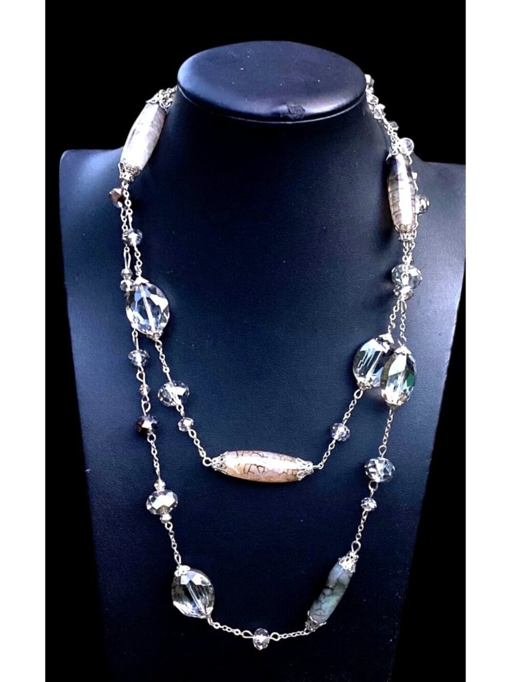 Fire Crackle Agate & Faceted Crystal Bead Station Necklace Silver Tone Chain 40"